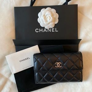 Chanel Quilted Black Leather Wallet Silver Logo